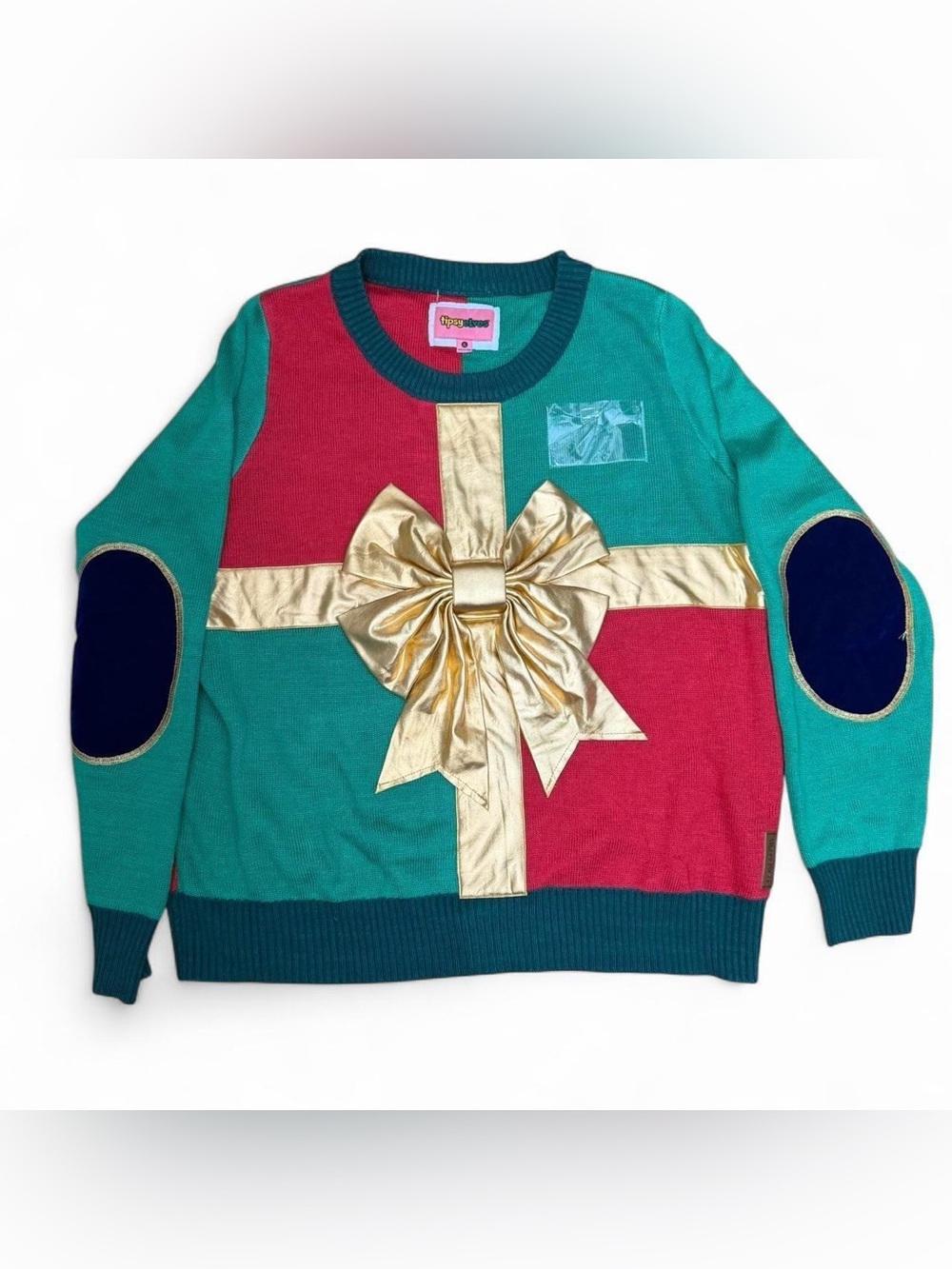 Tipsy Elves Unisex Green, Red & Gold Gift Bow Crewneck Sweater XL